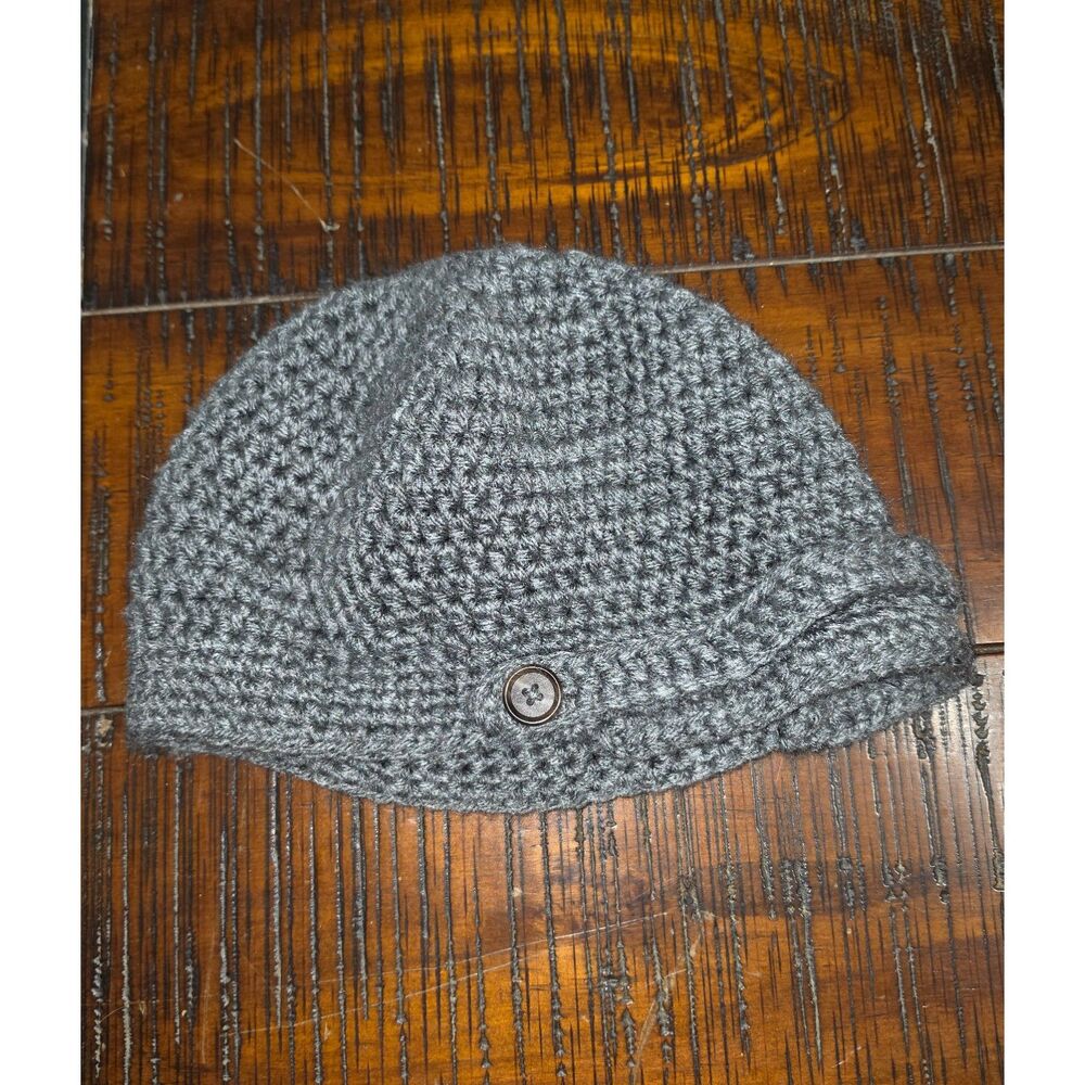 Handmade Charcoal Gray Crochet Newsboy Beanie Hat with Brim Button Accent